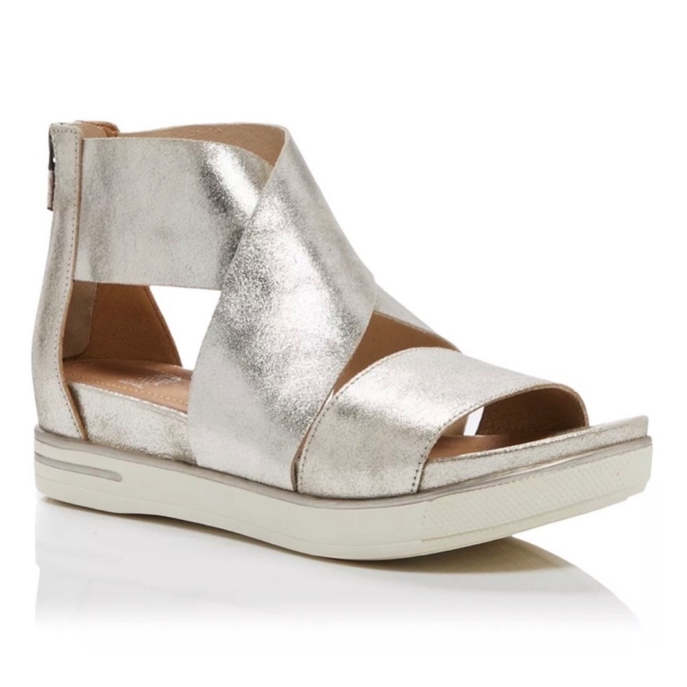 Eileen Fisher Sport Platform Metallic Suede Back Zip Sandals in Platinum 9
